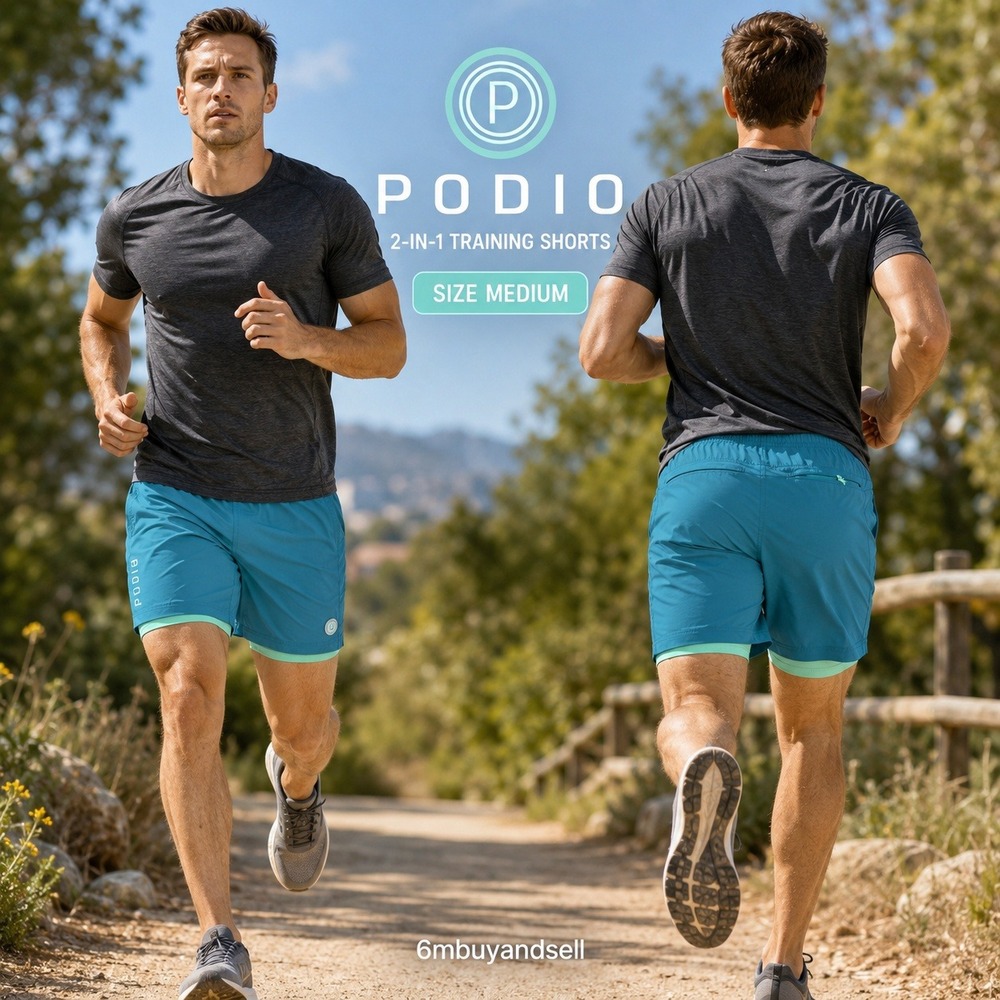 Podio Mens 2-in-1 Training Shorts Teal Blue Medium Compression Liner Running